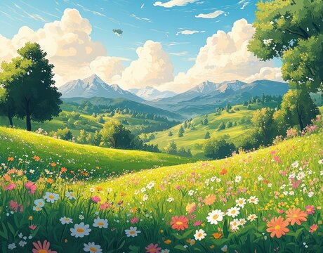 Bright sunny landscape with colorful wildflowers covering rolling green hills, large trees, distant mountains under a blue sky with fluffy clouds, and a bird flying peacefully
