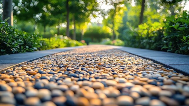 Close-up view of a pebble stone pathway surrounded by lush greenery and trees under soft sunlight creating a peaceful outdoor atmosphere