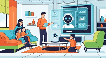 Family interacts with a robot on a large screen in a modern living room, showcasing futuristic technology.