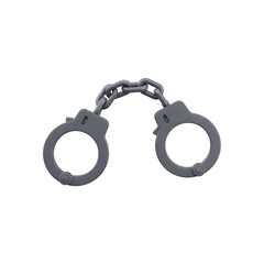 Gray metal handcuffs linked by a chain, clean minimal 3D render, isolated on transparent background