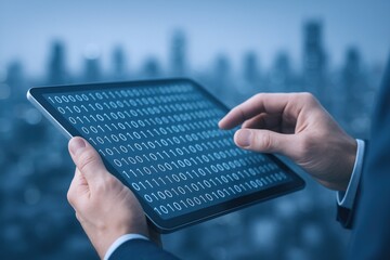 Digital Technology: Businessman Interacting with Binary Code on Tablet Display Against Modern Cityscape Background