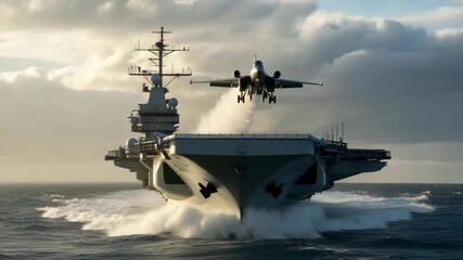 Powerful jet launching from aircraft carrier at sea in dynamic display of force - Powered by Adobe