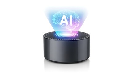 Smart speaker projecting a holographic brain with the letters "AI" on a white background.