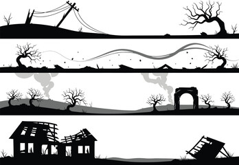Spooky silhouettes of desolate landscapes with haunted houses dead trees and abandoned ruins