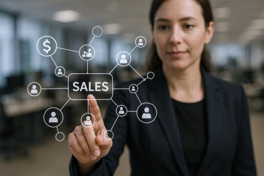 Businesswoman Tapping 'Sales' on Interactive Display: Financial Network, Customer Connections, and Modern Technology