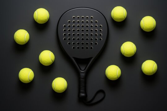 Overhead Shot of Black Paddle Racket Surrounded by Yellow Balls on Dark Background for Sport Concept