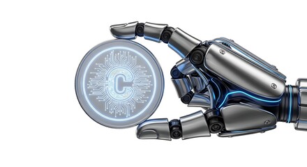 A robotic hand holding a glowing coin, representing digital currency.