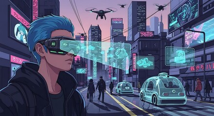 A young man with blue hair uses VR glasses in a futuristic city with drones and self-driving cars.