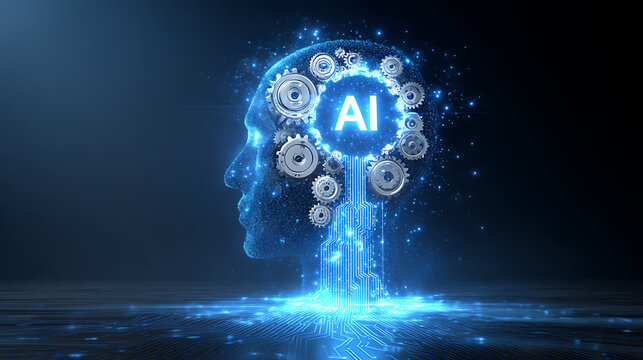 Envision the Future of Tech: A Glowing AI Head with Gears Symbolizing Intelligence and Innovation in Modern Technology, Perfect for Tech Startups