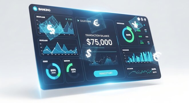 Digital banking interface displaying financial data, charts, currency symbols, and a transaction balance of $75,000.