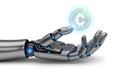 A robotic arm extending to present a glowing cryptocurrency symbol, representing digital finance.