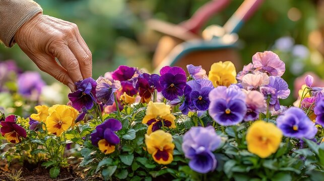 Gardening Hand Carefully Tending to Colorful Pansies in Outdoor Garden Bed with Shovel, Blooming Spring Flowers