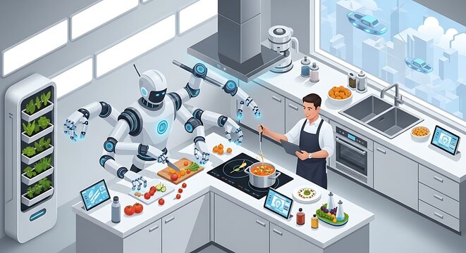 A robot chef assists a human in a modern kitchen, preparing food with advanced technology and a vertical garden nearby.