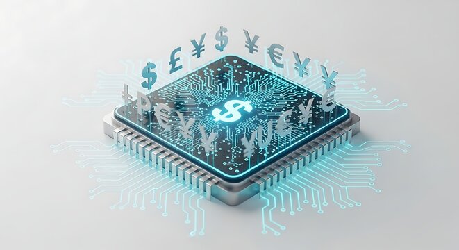 A computer chip with currency symbols hovering above, representing digital finance and global transactions.
