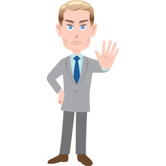 Serious Businessman In A Grey Suit And Blue Tie Holds Up Hand In A Stop Gesture With A stern Expression And Blue Eyes Detailed Vector Illustration On Transparent Background