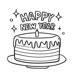 Hand-drawn New Year cake with single candle, sparkles, and festive text in black and white doodle style