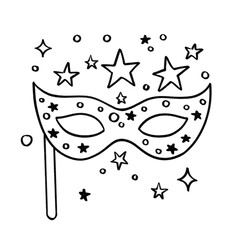 Hand-drawn carnival mask on stick with stars and sparkles in festive black and white doodle style