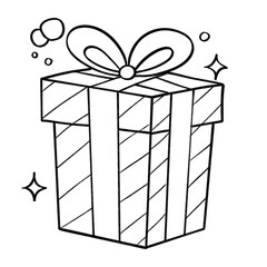 Hand-drawn gift box with ribbon, sparkles, and stripes in black and white festive doodle style