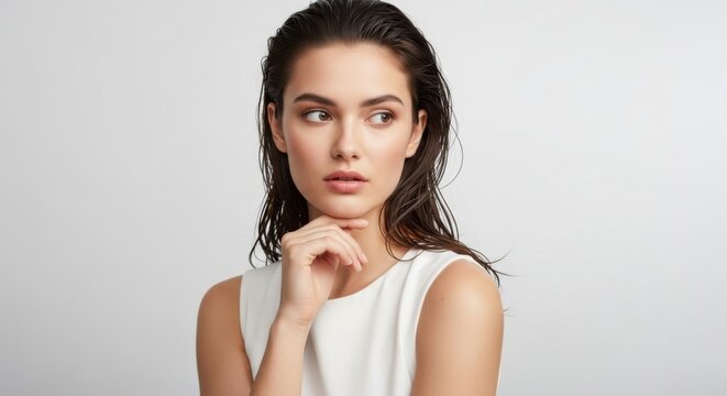 Young woman with wet hair pondering isolated on white background