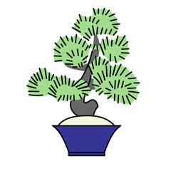 青い鉢に植えられた松の盆栽を表現したシンプルで上品なベクターイラスト｜日本の伝統美と自然の調和を感じる和風デザインや装飾向けの素材