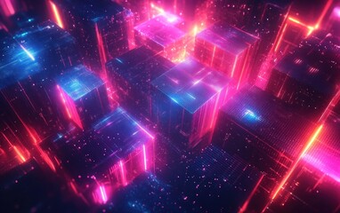 Abstract digital cityscape with glowing neon pink and blue futuristic buildings and light trails creating a vibrant high-tech atmosphere