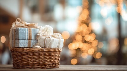Soft focus and background blurred Gift Baskets, Gift set .Holiday and Christmas and New year present Concept.