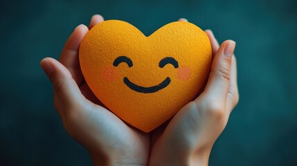 Two hands gently holding a small orange heart-shaped object with a smiling face and rosy cheeks against a dark blurred background expressing warmth and care