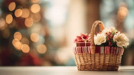 Soft focus and background blurred Gift Baskets, Gift set .Holiday and Christmas and New year present Concept.