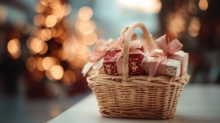 Soft focus and background blurred Gift Baskets, Gift set .Holiday and Christmas and New year present Concept.