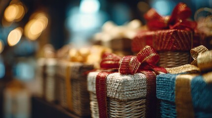 Soft focus and background blurred Gift Baskets, Gift set .Holiday and Christmas and New year present Concept.