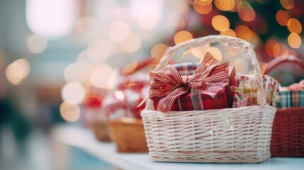 Soft focus and background blurred Gift Baskets, Gift set .Holiday and Christmas and New year present Concept.