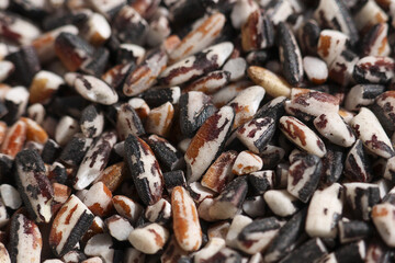 Macro view of uncooked brown rice and black rice create healthy food background. This natural grain texture makes perfect healthy ingredient for any wholesome meal