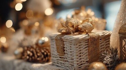 Soft focus and background blurred Gift Baskets, Gift set .Holiday and Christmas and New year present Concept.