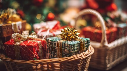 Soft focus and background blurred Gift Baskets, Gift set .Holiday and Christmas and New year present Concept.