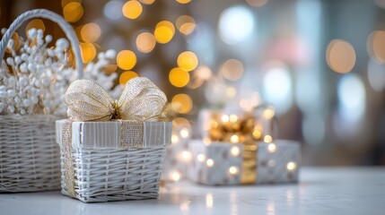 Soft focus and background blurred Gift Baskets, Gift set .Holiday and Christmas and New year present Concept.