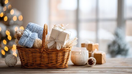 Soft focus and background blurred Gift Baskets, Gift set .Holiday and Christmas and New year present Concept.