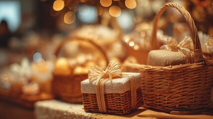Soft focus and background blurred Gift Baskets, Gift set .Holiday and Christmas and New year present Concept.