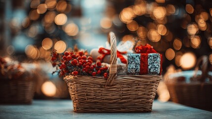 Soft focus and background blurred Gift Baskets, Gift set .Holiday and Christmas and New year present Concept.