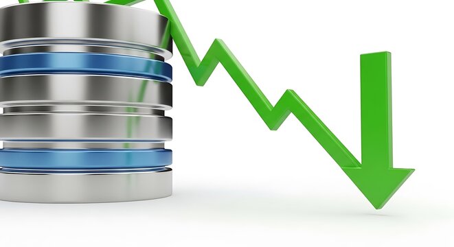 A green arrow pointing down next to a database, symbolizing data loss, business decline, or a financial downturn isolated on white background concept of failure