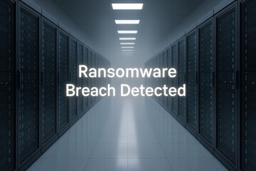 Data center under cyber attack with ransomware breach detected, cybersecurity threat and risk management concept