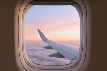 Fototapeta premium Airplane Wing View at Sunset from Window, Passenger Perspective, Travel, Tourism and Aviation