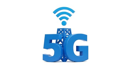 A 3d rendering of the 5g symbol with a cell tower behind it, isolated on white background, representing the next generation of wireless communication technology