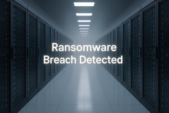 Data center under cyber attack with ransomware breach detected, cybersecurity threat and risk management concept