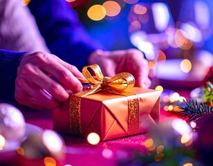 Close up of hands tying a shiny gold bow on a wrapped gift box with festive lights bokeh