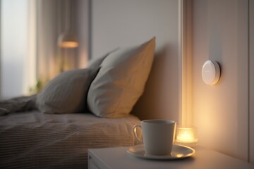 Soft focus background of a cozy bedroom. Warm lamp, pillows, and mug by the bed. Ideal for home, relaxation, or "hygge" lifestyle concepts.