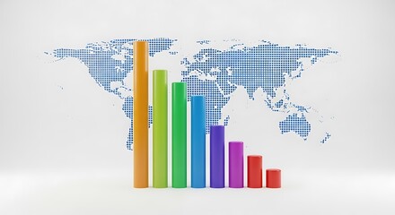 A vibrant bar graph illustrates global economic trends against a world map, symbolizing financial analysis and international market dynamics on white background