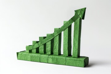 Green origami bar chart with an upward arrow. Symbol for business success, financial growth, green economy, or sustainable investment. Handmade craft on minimalist white background.