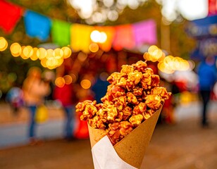 Caramel popcorn in a paper cone held against a blurred background of a festive outdoor market or carnival