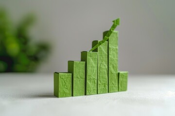 Green bar chart showing an upward trend with an arrow. Concept for sustainable development, green economy, or financial profit growth. Minimal design with textured paper feel.