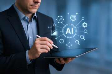 AI integration concept: Businessman holding tablet with AI technology interface, data analysis, and global connectivity